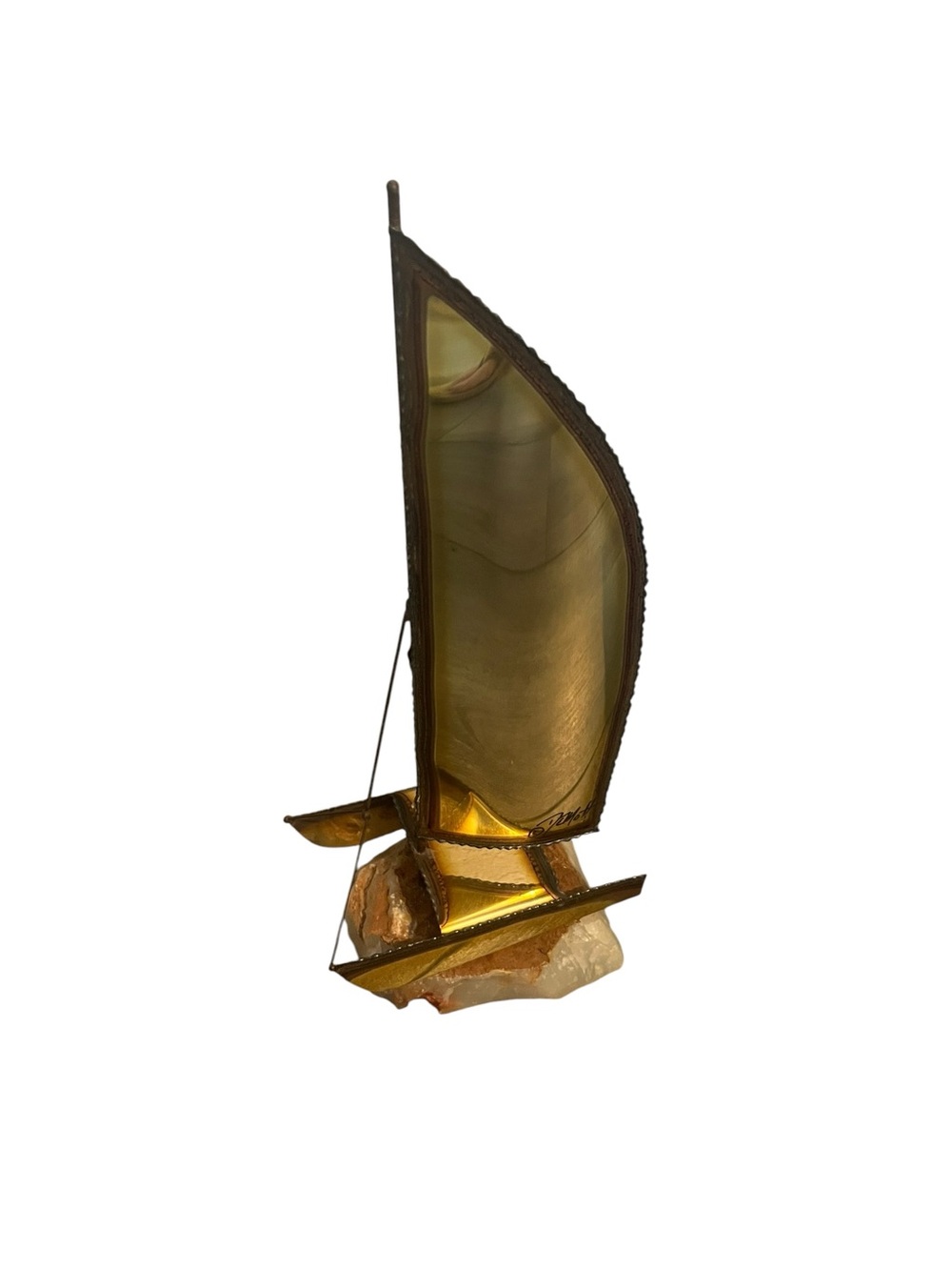 DeMott Signed MCM Brass Copper Catamaran Sailboat Sculpture Imported Onyx Base